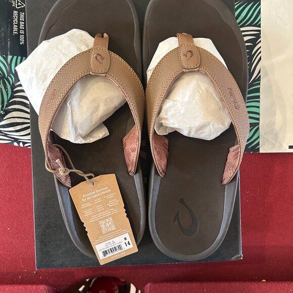 Olukai Men\'s Ohana Flip Flops, Size 14, Color - Tan/Dark Java